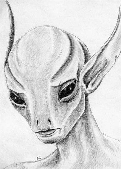 A black and white drawing of the bust of an alien. He has almost a deer like nose, large dark, soulful eyes, and long pointed ears that go back like elf ears. He’s gazing softly downward.