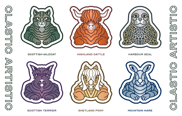 Scottish Mammals Vector Illustrations

Top Left to Right - Scottish Wildcat, Highland Cattle, Harbour Seal
Bottom Left to Right - Scottish Terrier, Shetland Pony, Mountain Hare

Clastic Artistic