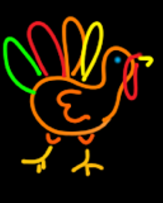 Color image of a finger-drawn turkey, created via the iPhone Digital Touch feature. Image shows a turkey drawn in a series of looping lines in colors of yellow, orange, brown, red, green, and blue.