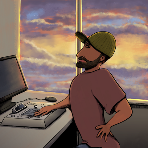 A producer sits behind an MPC with his back aching, at sunset