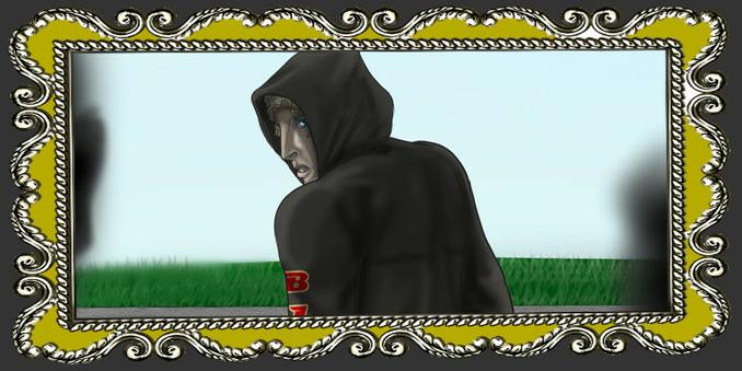 A shark-like young man turns to look over his shoulder at the camera surrounded by a gold and silver frame.