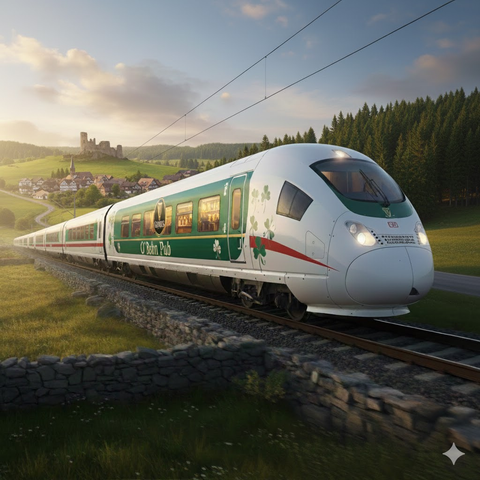 KI-generiertes Bild eines ICE der Deutschen Bahn. Der erste Wagen ist in grün gehalten und wie ein Irish Pub dekoriert... in grüner Farbe, mit Kleeblättern, Guinness Logo und der Aufschrift "O'Bahn Pub".