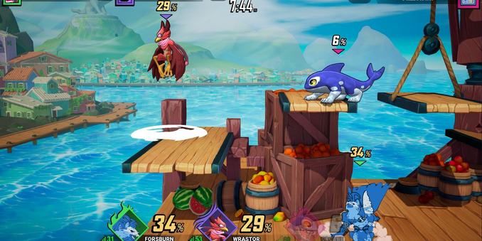 Wrastor hovering above an air spiral VFX, orcane idling on a platform as Forsburn looks up, probably charging a smash-I mean strong attack