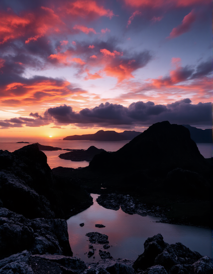 This stunning volcanic landscape features a breathtaking sunset over a tranquil sea, with vibrant hues of orange, pink, and purple painting the sky. Silhouetted mountains rise dramatically on the horizon, contrasting with the smooth water below. A winding stream reflects the colorful sky, adding depth to the scene. The interplay of light and shadow creates a serene yet dramatic atmosphere, inviting viewers to appreciate nature's beauty.
Diese atemberaubende vulkanische Landschaft zeigt einen beeindruckenden Sonnenuntergang über einem ruhigen Meer, wobei lebendige Nuancen von Orange, Pink und Lila den Himmel malen. Silhouettierte Berge erheben sich dramatisch am Horizont und stehen im Kontrast zum glatten Wasser darunter. Ein gewundener Bach spiegelt den bunten Himmel wider und verleiht der Szenerie Tiefe. Das Zusammenspiel von Licht und Schatten schafft eine ruhige, aber dramatische Atmosphäre, die die Betrachter einlädt, die Schönheit der Natur zu schätzen.