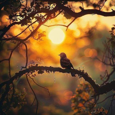 Tiefstehende Abendsonne, davor im Gegenlicht ein Vogel auf einem Zweig sitzend, darüber ein weiterer Zweig
Quelle: Donna Raymer Huckaba, Pinterest