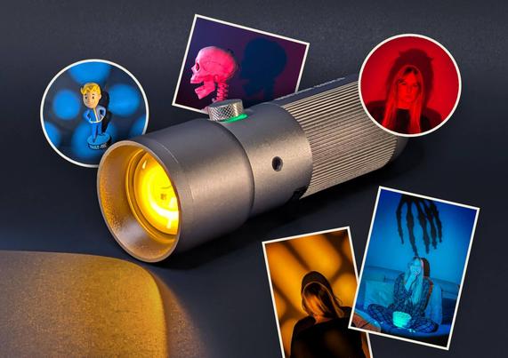 A silver flashlight emits a warm glow, surrounded by colorful images showcasing creative lighting and shadow effects.