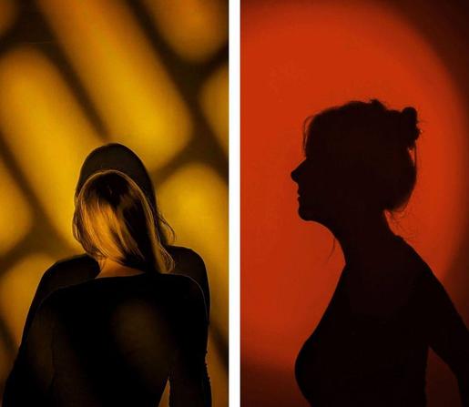 Two side-by-side portraits: one with a woman’s silhouette against a golden backdrop, and the other against a vibrant red hue.