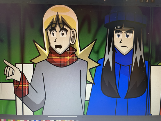 Renée pointing with Katrina