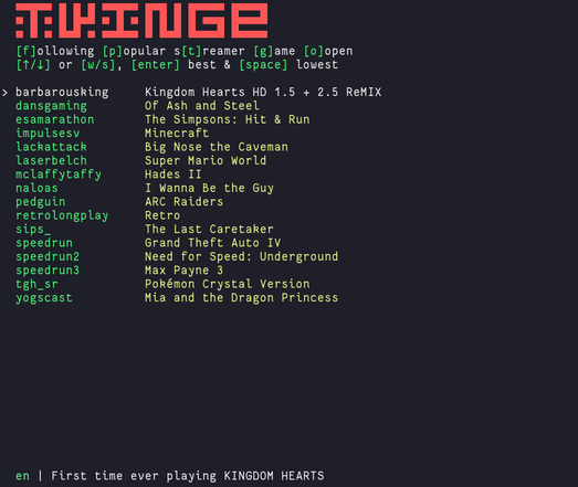 A screen shot of the terminal showing the main screen of the TUI called twinge. It has a fancy header with the controls listed underneath. Then there's a list of twitch channels and the games they are playing. At the bottom of the screen there's a single line showing the language and title.