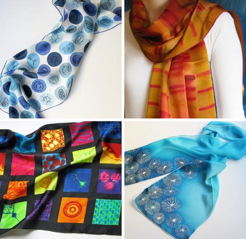 4 different scarves with science motifs