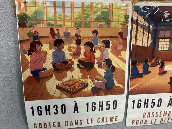 Une série d'affiche sur un mur. Elles illustrent les étapes du périscolaire de façon chronologique. Détail de la première affiche : le trait est aléatoire, les visages malaisants, sur un ton globalement jaunâtre.