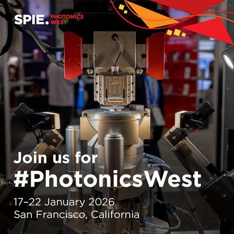 Promotional image for SPIE Photonics West event, featuring advanced scientific equipment in a lab setting, with event details 'Join us for PhotonicsWest, 17-22 January, San Francisco, California' displayed.