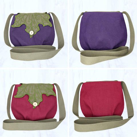 2 autres versions du sac :
- un corps en lin violet et un rabat vert olive
- un corps en lin bordeaux et un rabat vert olive