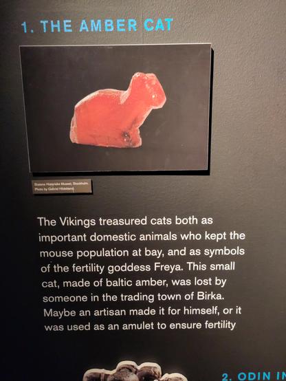 Amber figure in the shape of a cat found near the town of Birka.
The text below the picture of the amber cat reads: "The Vikings treasured cats both as important domestic animals who kept the mouse population at bay, and as symbols of the fertility goddess Freya. This small cat, made of baltic amber, was lost by someone in the trading town of Birka. Maybe an artisan made it for himself, or it was used as an amulet to ensure fertility."