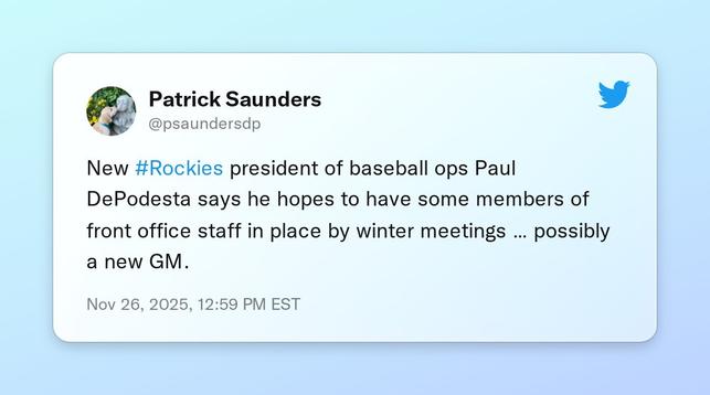 New #Rockies president of baseball ops Paul DePodesta says he hopes to have some members of front office staff in place by winter meetings … possibly a new GM.