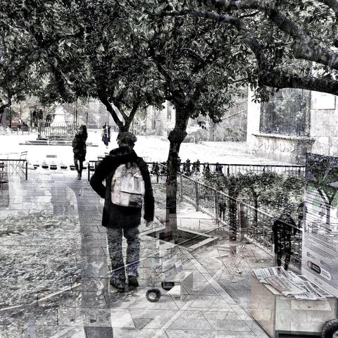 Barcelona digital edited double exposure street photography, made with the GNU Image Manipulation Program.