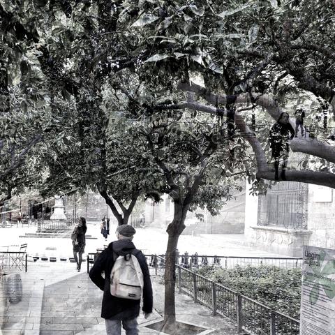 Barcelona digital edited double exposure street photography, made with the GNU Image Manipulation Program.