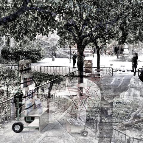 Barcelona digital edited double exposure street photography, made with the GNU Image Manipulation Program.