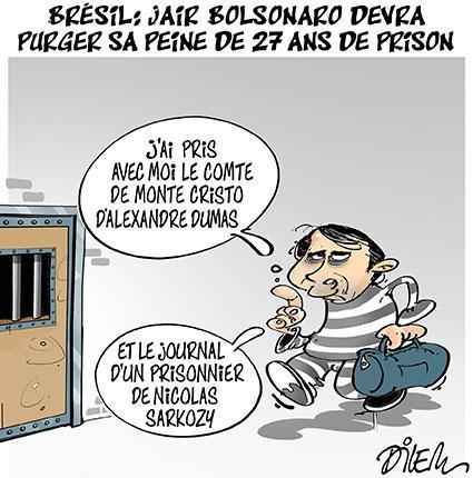 Titre : BRESIL: JAIR BOLSONARO DEVRA PURGER SA PEINE DE 27 ANS DE PRISON
Dessin : Bolsonaro en costume rayé avec un sac d'affaires dit 
"J'ai pris avec moi le comte de Monte-Cristo d'Alexandre Dumas
et le journal d'un prisonnier de Nicolas Sarkozy"