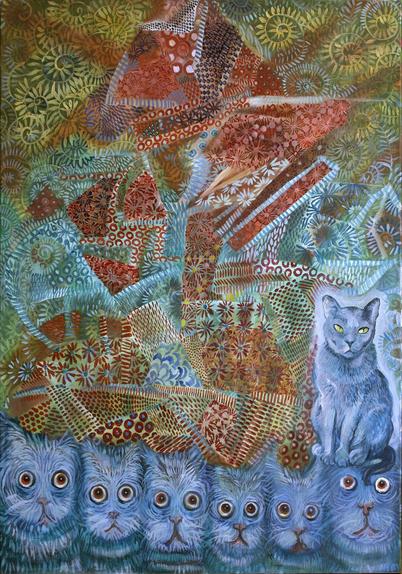 Painter – Anna Rona 
Series of paintings – Animals
Title of the painting – Cat's Curse
Technique – Oil on canvas
Dimensions – 100 cm x 70 cm x 2 cm  
Year of creation – 2021 
The painting is available for purchase.
#Painting #annarona #cats #meowing #patterns #arabesques #colours