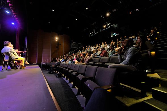 A full theater after the screening where Abby Martin and husband/co-director Mike Prysner where answering questions for the audience