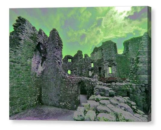 Colour adjusted photograph of castle ruins.  The image is shown printed upon a box canvas.
