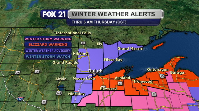 A Blizzard Warning continues for Ashland, Bayfield, Douglas, Gogebic, Iron, and Ontonagon counties through Wednesday night. A Winter Storm Warning continues for Burnett, Sawyer, and Washburn counties. A Winter Weather Advisory continues for Carlton, Cook, Lake, Pine, and central and southern St. Louis counties.