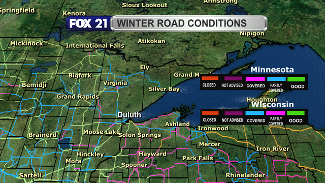 Road conditions across northeast Minnesota and northwest Wisconsin as of around 1:30 p.m. on November 26, 2025, shows partially covered and covered roadways in Wisconsin, with under 50-percent of roadways in Minnesota with similar conditions.