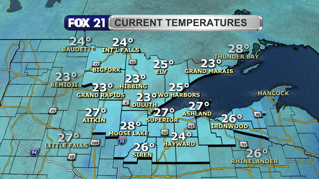 Temperatures in the Northland just after 1 p.m. on November 26, 2025, range from 23 to 28 degrees Fahrenheit.