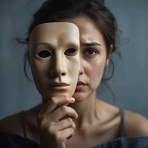Se trata de un primer plano de una mujer que sostiene una máscara de color beige o carne frente a la mitad izquierda de su rostro.
Detalles Clave
Composición: La máscara cubre la parte izquierda de su cara, desde la frente hasta la barbilla, dejando al descubierto su ojo derecho y la mitad derecha de su rostro.
La Mujer:
Su cabello oscuro está recogido de manera informal.
Su ojo derecho está bien visible y muestra una expresión de preocupación, tristeza o conflicto. Las cejas están ligeramente fruncidas.
Parece llevar una prenda de vestir de color gris oscuro o azul.
La Máscara:
Es de un color pálido y neutro.
Tiene agujeros oscuros para los ojos y una expresión facial neutral o en blanco.
La mujer la sujeta con su mano derecha.
Ambiente: El fondo es de un color gris o azul apagado y uniforme, lo que da un tono sombrío e introspectivo a la imagen.
La imagen sugiere temas de identidad, ocultación de emociones o la dualidad entre la apariencia externa (la máscara) y el sentimiento interno (la expresión de su rostro).