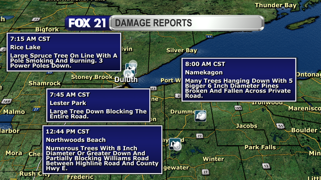 The combination of wet snowfall and strong wind gusts have led to a number of reports of downed trees across the Northland.  Some of those reports are from the Duluth area, as well as Namekagon and Northwoods Beach in Wisconsin.  There was also a report of a downed tree that struck a 69-year-old man who was snow blowing on his property northwest of Two Harbors.  He died from his injuries.