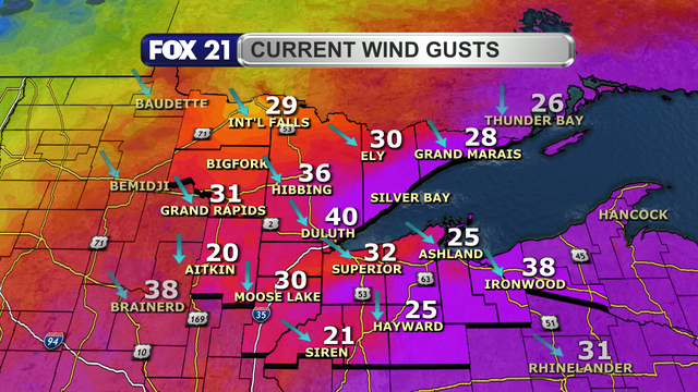 Wind gusts reported across the Northland just before 2 p.m. on November 26, 2025, range from 20 to 40 mph.  The strongest gusts were along the Lake Superior shoreline regions, as well as interior northwest Wisconsin and the Upper Peninsula.  The wind direction has shifted to the northwest and north/northwest.