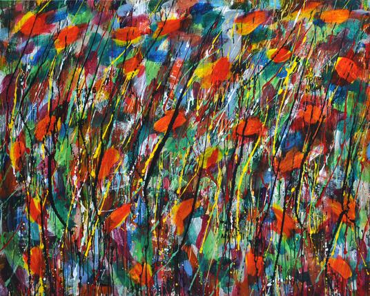 A vibrant, colourful painting from 2012 depicting a narrow country road in East Sussex bordered by flood-plain fields and leading into a shadowed wood. The colours are rich and glowing, creating a sense of magical, mysterious energy. The work was inspired by a homemade “Toads at Night” sign the artist encountered, though the sign itself is not shown in the image.