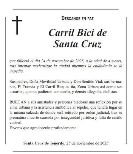 Esquela paródica con relación a la retirada del Carril Bici de Santa Cruz de Tenerife