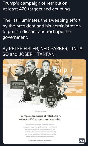 An infographic titled "Trump's campaign of retribution: At least 470 targets and counting." It summarizes a Reuters Special Report on efforts by Trump’s administration to target federal employees, prosecutors, and media outlets. The image includes various individuals, some in…