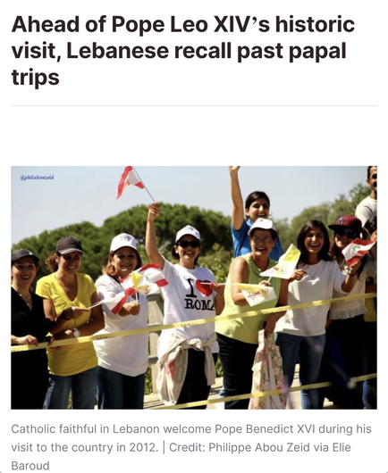 Screenshot of article with the title reading: Ahead of Pope Leo XIV's historic visit, Lebanese recall past papal trips. The roman numerals are very similar to typical Super Bowl numbering which also uses roman numerals