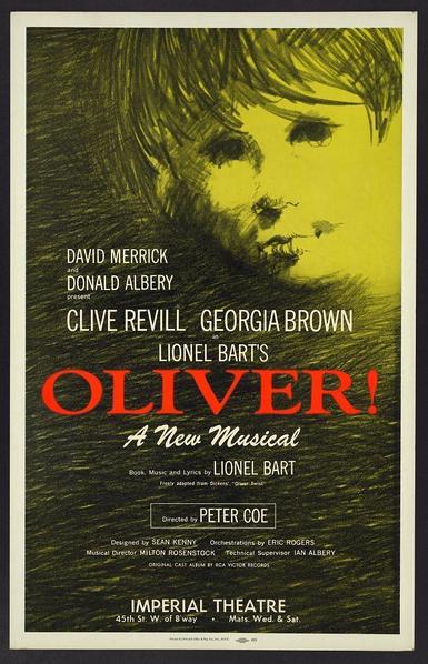 The image is an original poster for the Broadway production of "Oliver!" starring David Merrick and Donald Albery, with Clive Revill, Georgia Brown, Lionel Bart's Olver!, presented by Peter Coe. Directed by Kenne directed by Kenne, it features a large drawing on yellow background depicting the face of young boy with expressive eyes looking up from his hands which has been rendered in shades of brown and black. The poster includes additional information such as names involved including Music Director Milion Rosenstockk, Ian Alberry serving as Technical Supervisor, Peter Coe's book music and lyrics by Lionel Bart, a freesty adapted from Dickens "Oliver Twist" along with the original cast album on RCA Victor records released in 1963.