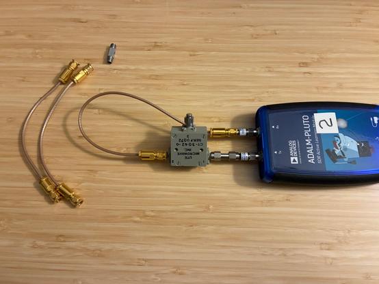 Photo of the UTE Microwave RF circulator being tested for forward insertion loss and frequency coverage. This unit covers 2-4 GHz and provides more than 20 dB of reverse isolation.