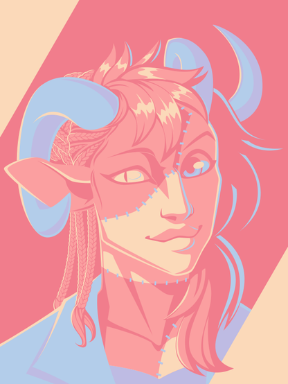 A vector portrait of a stitched-together Reborn with mismatched eyes and horns, drawn in flat colors: light red, orange, yellow, blue, and purple