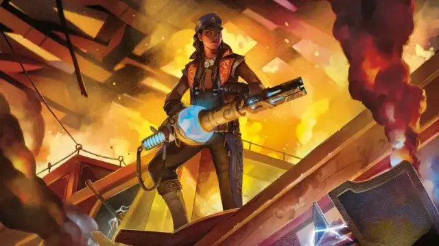 Official D&D artwork from "Eberron: Forge of the Artificer," featuring a female Artillerist holding a massive magic-powered railgun.