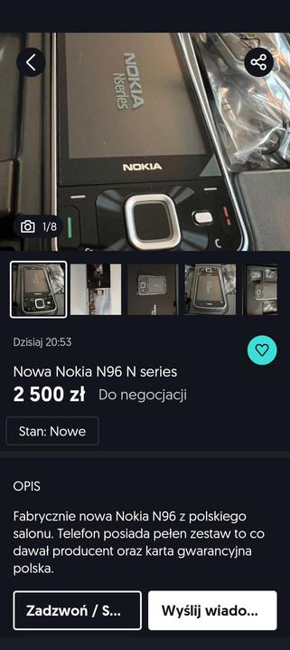 Oferta sprzedaży Nokii N96 z 2008 roku za 2500 zł.