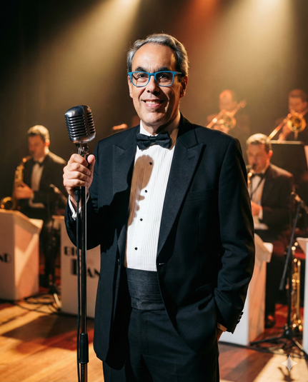 Retrato de cuerpo entero ultrarrealista en 8K basado en una foto de referencia, que lo representa como un cantante de la década de 1940. Está en un escenario con una mano en el bolsillo y la otra sosteniendo un micrófono con cable de esa época.