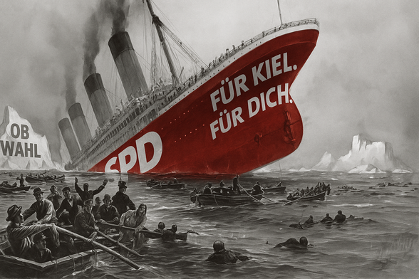Das Bild zeigt die sinkende Titanic mit der Aufschrift "SPD - Für Kiel, Für Dich". Auf einem Eisberg ist der Schriftzug "OB Wahl" zu erkennen.