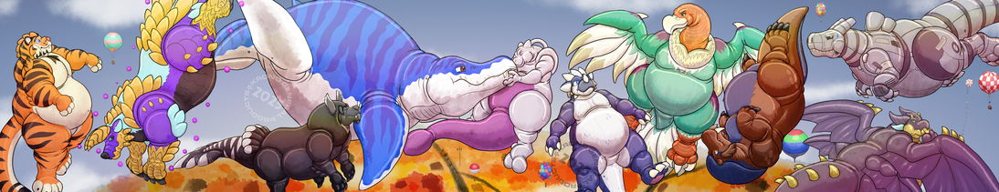 An ultrawide drawing of a line of *very large* creature balloons in the autumn sky.  They all look like someone's topped them up with extra gas.  From left to right, they're an anthropomorphic tiger (Tibor), purple zinogre (Ashman), black daggerclaw (Valognir), an incredibly round blue pliosaur (Tanker), Mewtwo (Hexa), purple drake (Alexia), garishly colored vulture, inostrancevia (Sakkenops), pruple astraldramon (Xavier), and shiny silver robot dinosaur (Hyphen).  Smaller gas and cluster balloons are visible, along with a stray MOGUL sonde?  How did that get here?