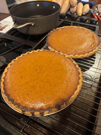 Two freshly baked pumpkin pies cooling on a wire rack, with a black pot and sweet potatoes visible in the background on a stovetop.