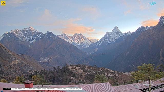 A wide view of several mountains, from left:

- Taboche (6,500 meters/21,325 feet)
- Mount Everest (8,848 meters/29,032 feet)
- Lhotse (8,516 meters/27,939 feet)
- Ama Dablam (6,814 meters/22,355 feet)