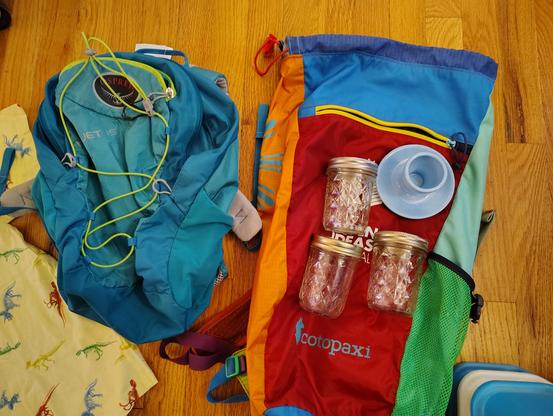A small Osprey Hydrajets backpack, a Cotopaxi drawstring backpack, three mason jars and a blue egg cup.