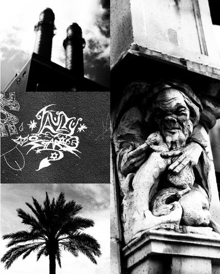 a collage of several black and white images: two mysterious towers, some graffiti, the silhouette of a palm tree, a gargoyle-like statue