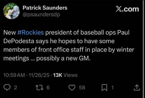 [Saunders] New #Rockies president of baseball ops Paul DePodesta says he hopes to have some members of front office staff in place by winter meetings … possibly a new GM.
