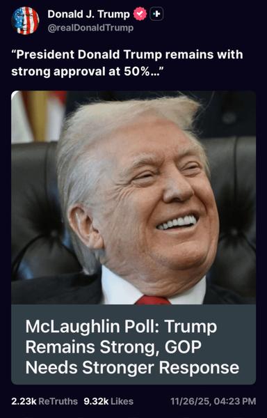 screenshot of trump post 11/26/25 - Strong approval rate at 50%
